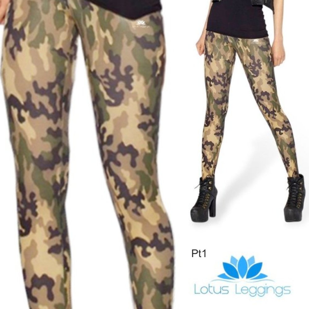 LOTUS Yoga Leggings Exercise Pants Camo Cream Brown Green Spandex Breathable